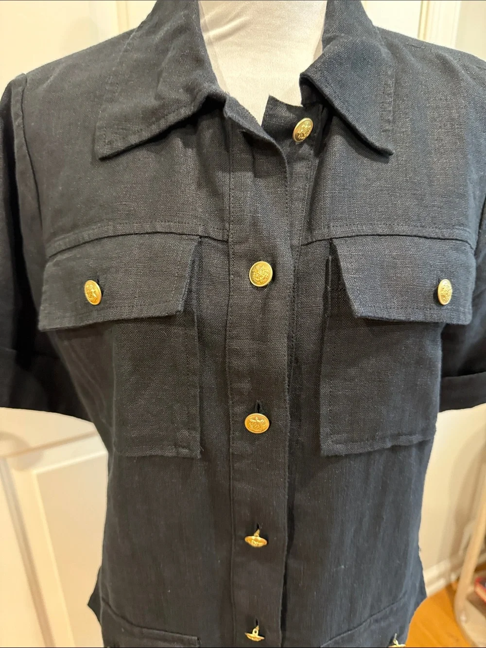 J. Crew Black Short-Sleeve Utility Linen Dress with Gold Buttons